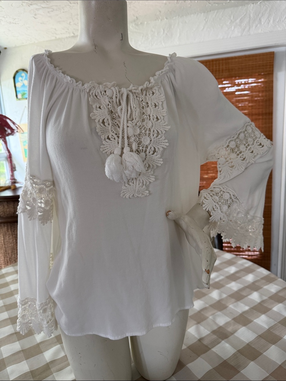Democracy White Crochet Tassel Peasant Top